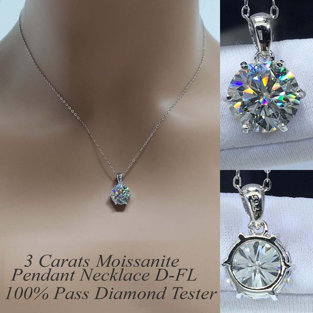 3 Carat Moissanite D-FL Pendant Silver Necklace - Gift Idea